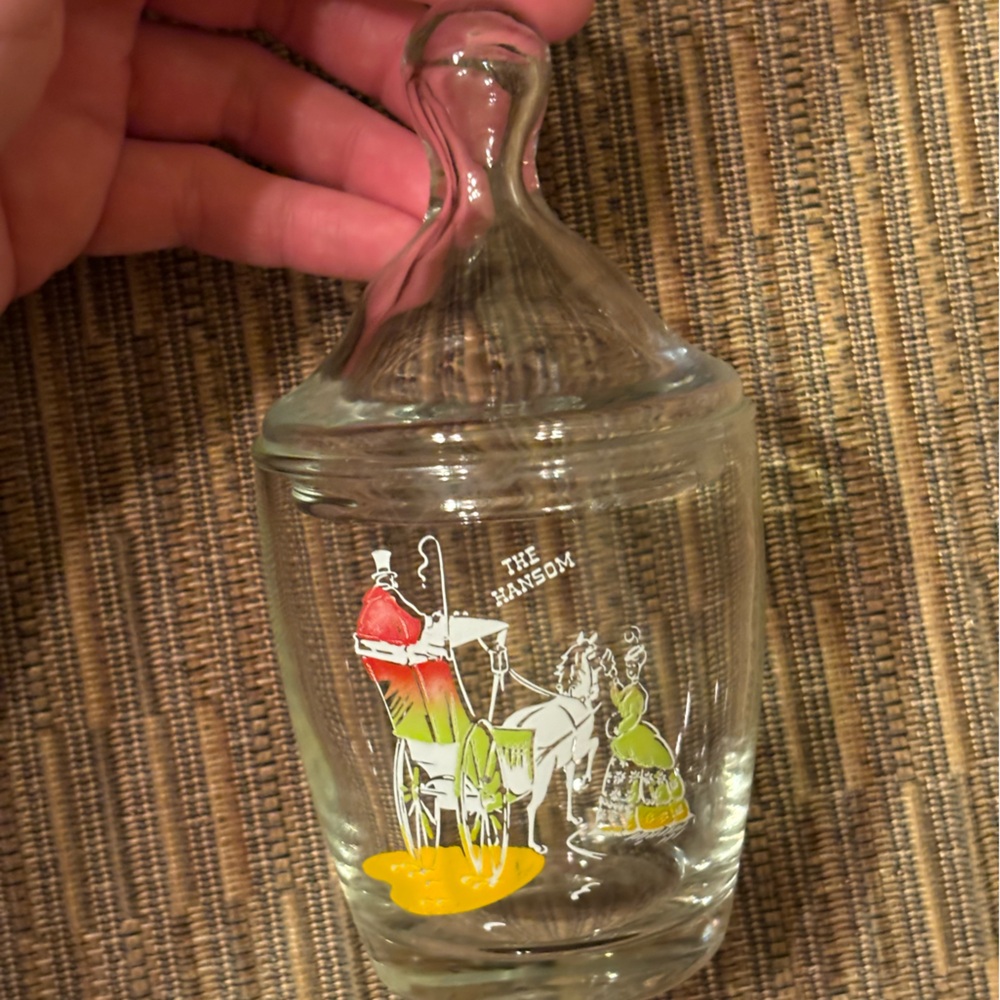 Vintage apothecary jar with lid Q-tip holder horse and carriage “the handsome”